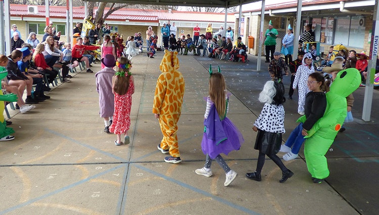 Primary students in costume walking around at Book Week Parade